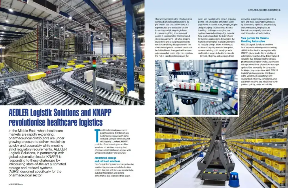 December 2025 Global Supply Chain Magazine spread on AEDLER and KNAPP automating pharmaceutical logistics